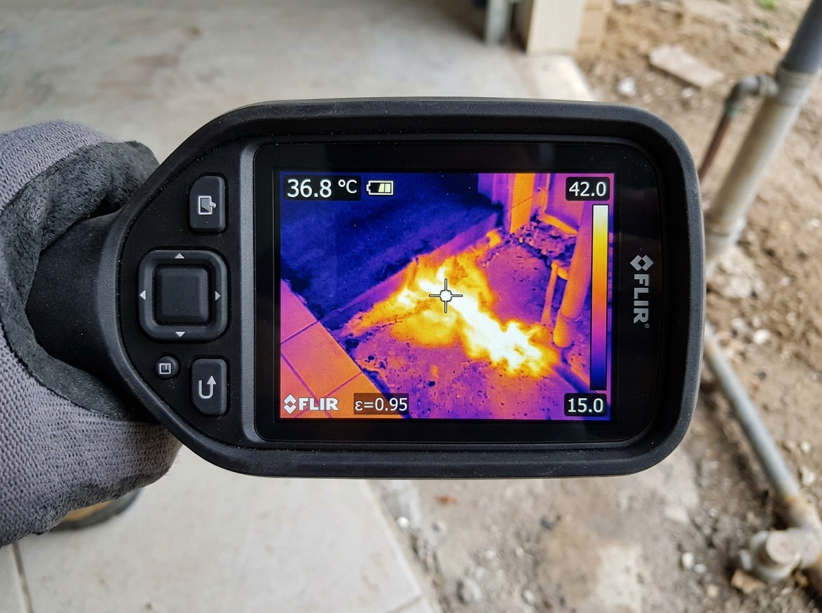 Thermal imaging locating hot water slab leak in Atascocita TX