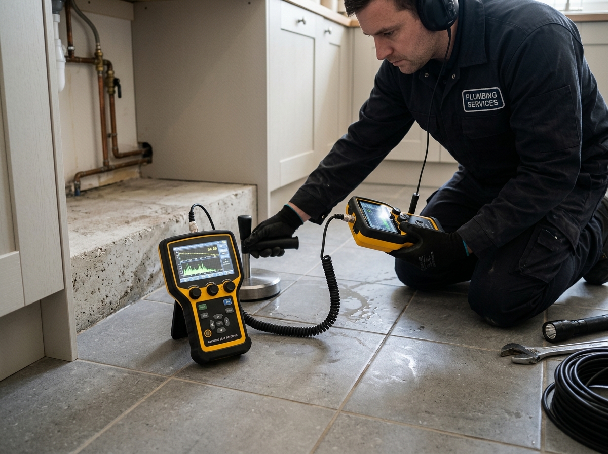 Plumbing technician compiling slab leak insurance documentation report in Atascocita